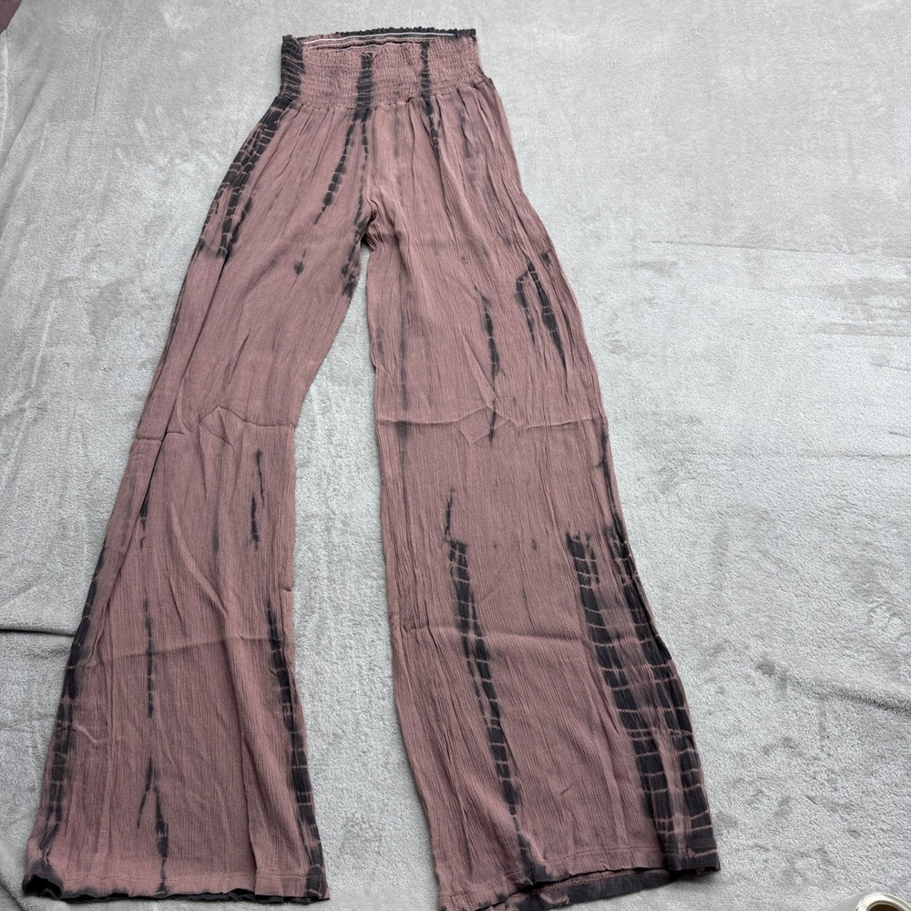 Chatoyant Wide Leg Pants Womens Medium Mauve Tie Dye Smocked Hi Waist Boho Flowy